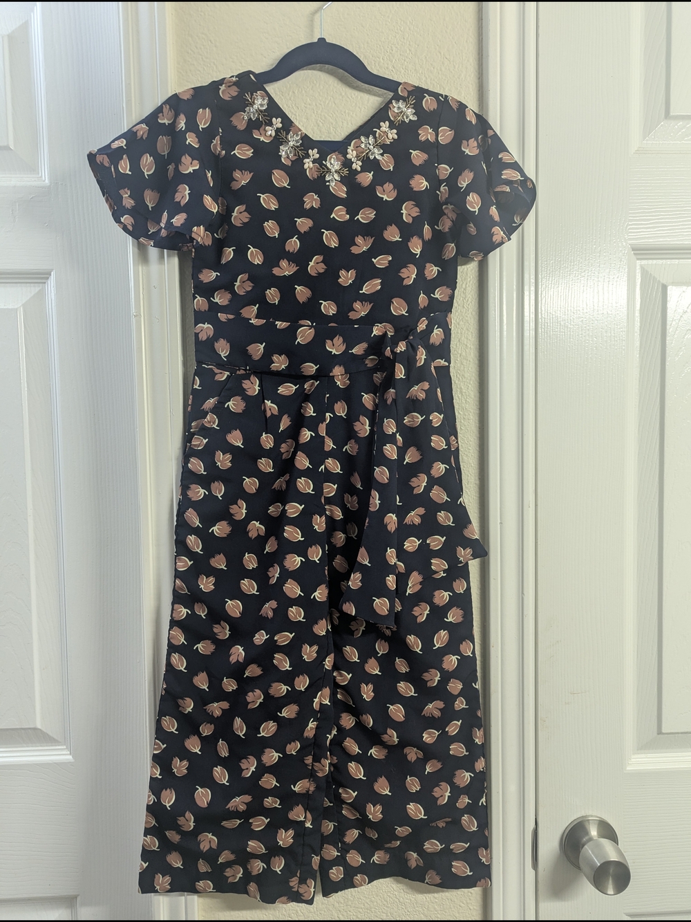 Girls Jumpsuit with Pink Floral Print and Embellished Neckline